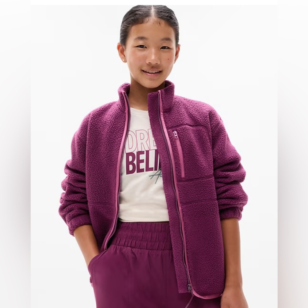 Athleta Girl So Toasty Tugga Sherpa Fleece Jacket Burgund Zip Girls Size XL 14